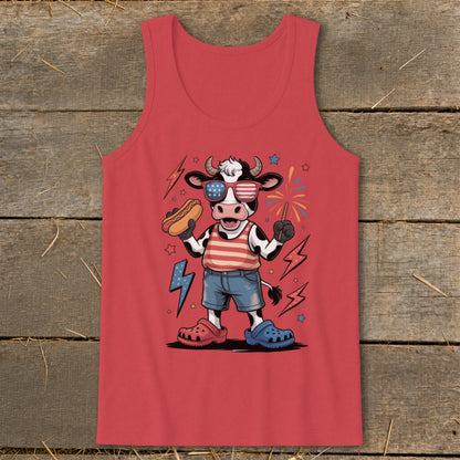 Cow wearing American flag sunglasses and holding hot dog and firecracker.