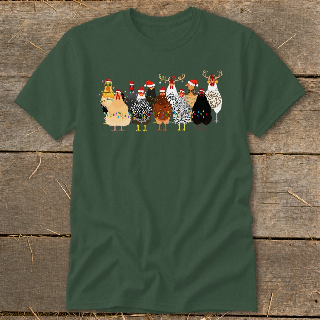 Group of cartoon chickens wearing Santa hats and Christmas lights on a dark green t-shirt.
