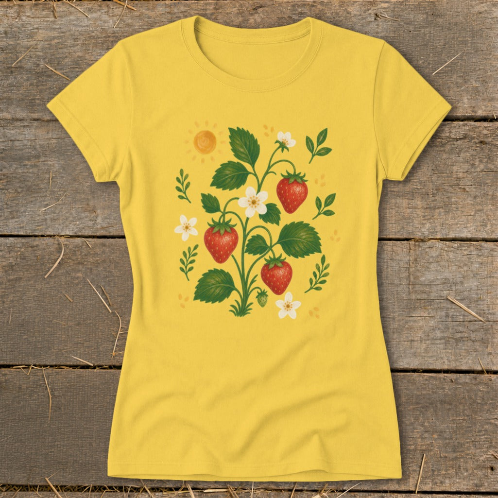 Yellow t-shirt with a stylized strawberry plant graphic, including fruit, flowers, and leaves.