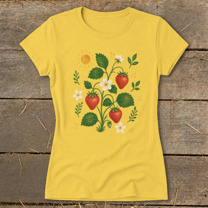 Yellow t-shirt with a stylized strawberry plant graphic, including fruit, flowers, and leaves.