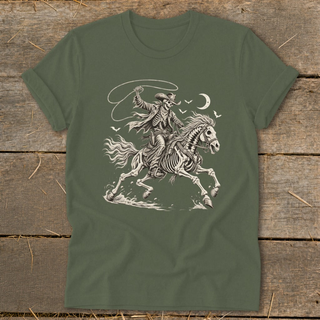 Skeleton cowboy on horseback with a lasso, under a crescent moon.