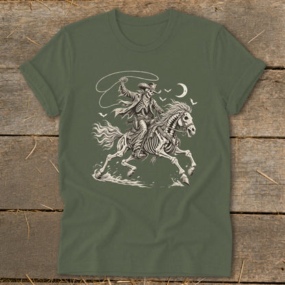 Skeleton cowboy on horseback with a lasso, under a crescent moon.