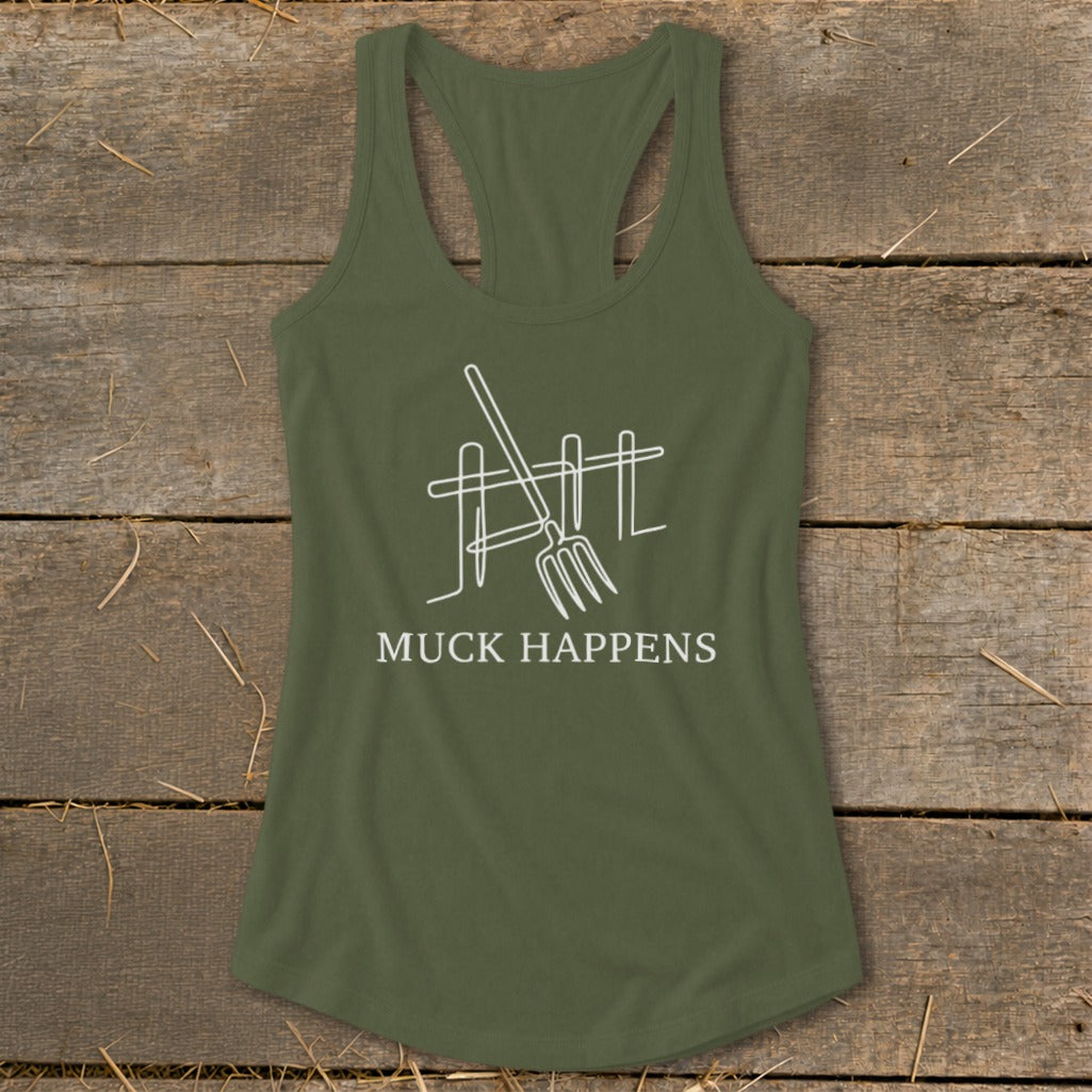 Olive green tank top with a white line drawing of a pitchfork and fence, and the text "MUCK HAPPENS".