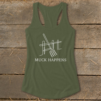 Olive green tank top with a white line drawing of a pitchfork and fence, and the text "MUCK HAPPENS".