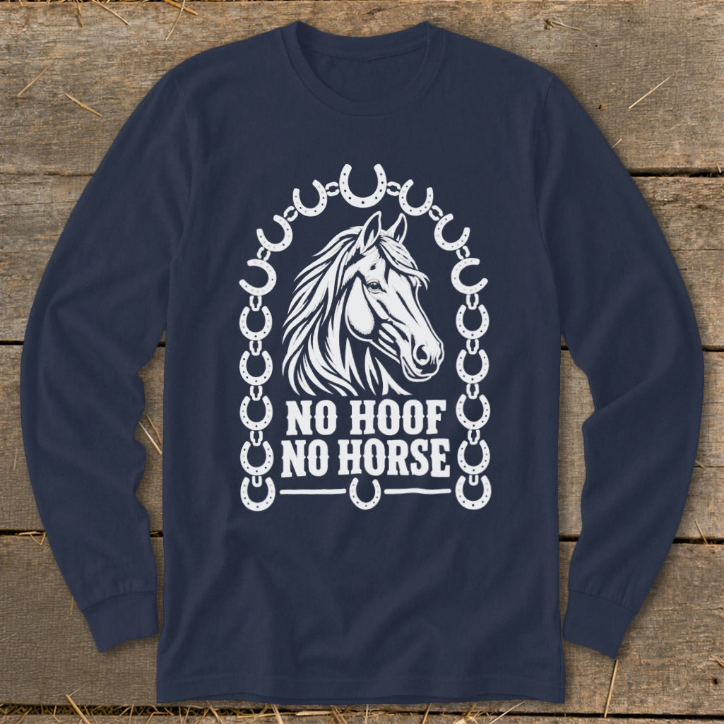 Navy long-sleeve shirt with horse head graphic and "NO HOOF NO HORSE" text.