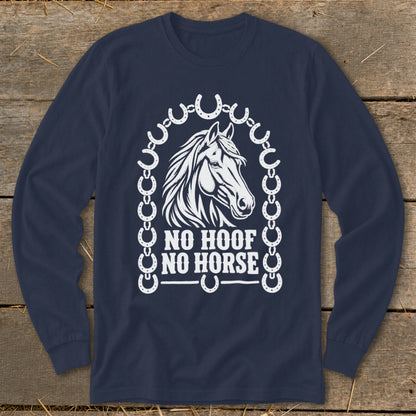 Navy long-sleeve shirt with horse head graphic and "NO HOOF NO HORSE" text.