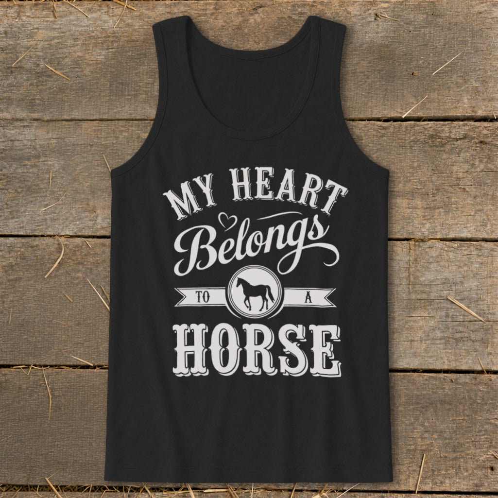 Black tank top with "My Heart Belongs To A Horse" text and horse silhouette.