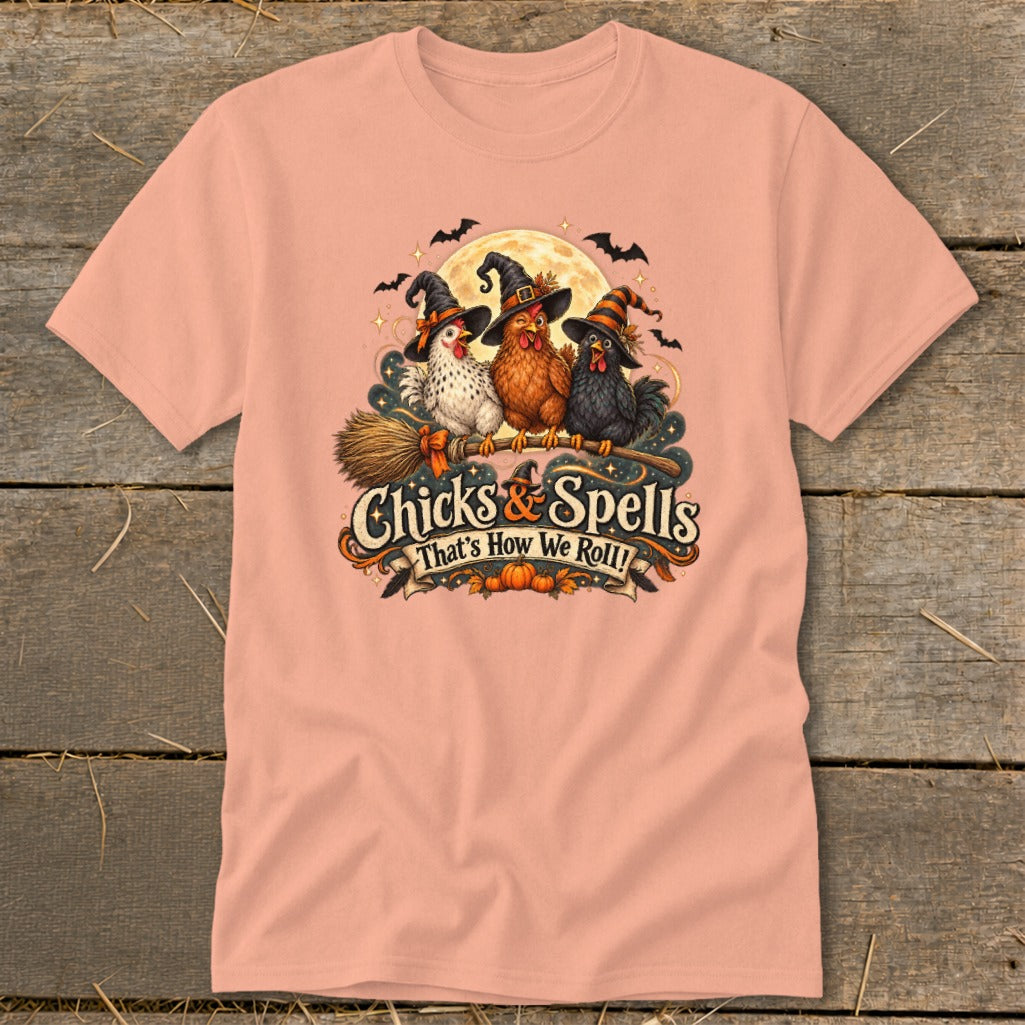 Three witch chickens on a broom with text "Chicks & Spells That's How We Roll!".