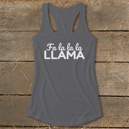 Gray tank top with "Fa la la la LLAMA" in white text.