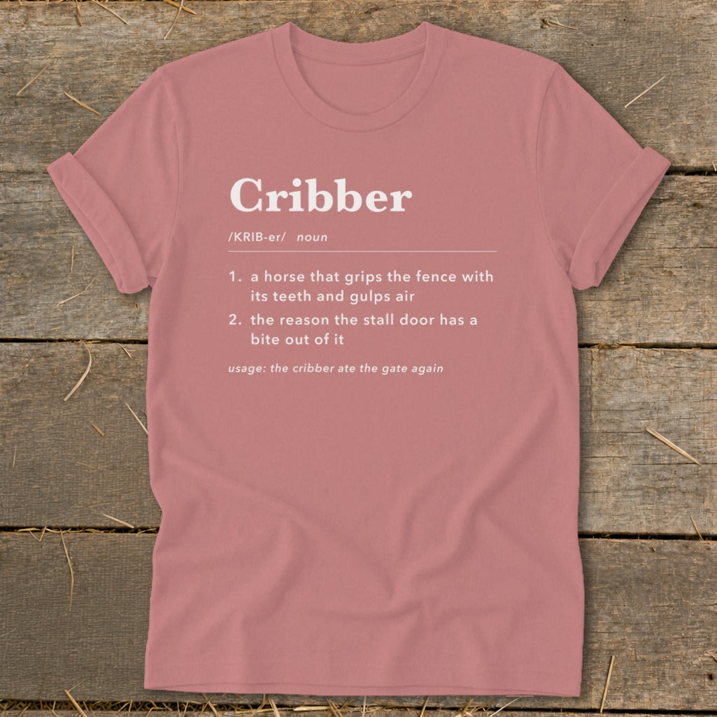 Mauve t-shirt printed with a humorous definition of a cribber horse, laid flat on rustic wood.