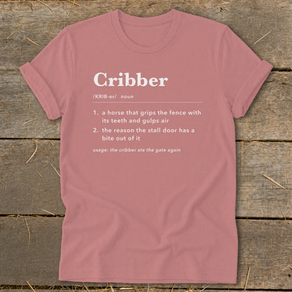 Mauve t-shirt printed with a humorous definition of a cribber horse, laid flat on rustic wood.