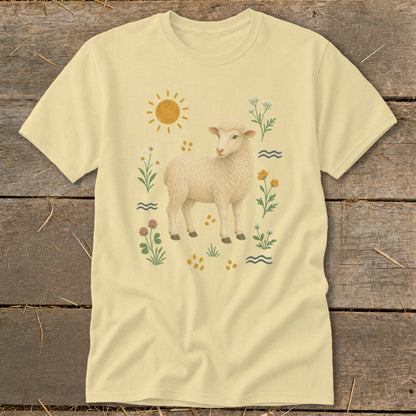 Cream t-shirt with illustration of a sheep, sun, and flowers.
