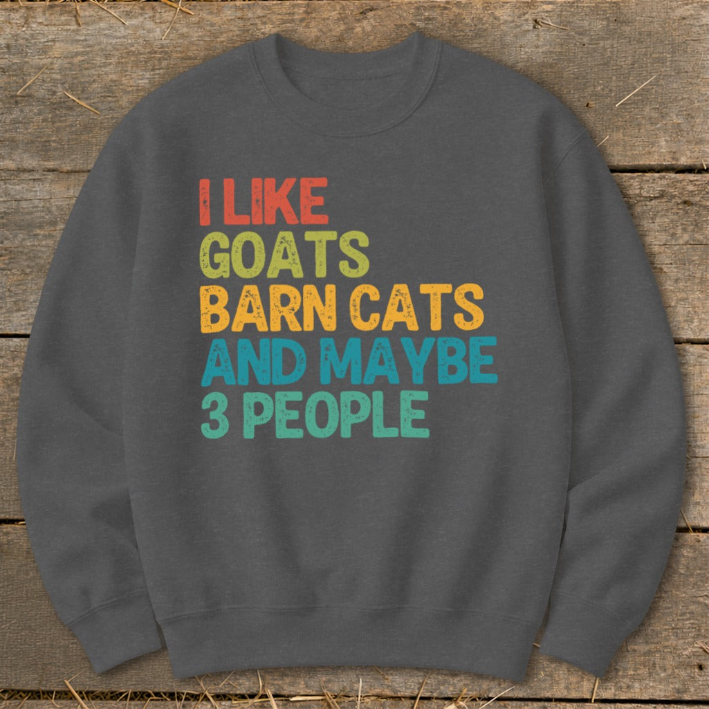 Dark grey sweatshirt with "I LIKE GOATS BARN CATS AND MAYBE 3 PEOPLE" text.