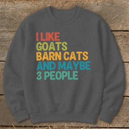 Dark grey sweatshirt with "I LIKE GOATS BARN CATS AND MAYBE 3 PEOPLE" text.
