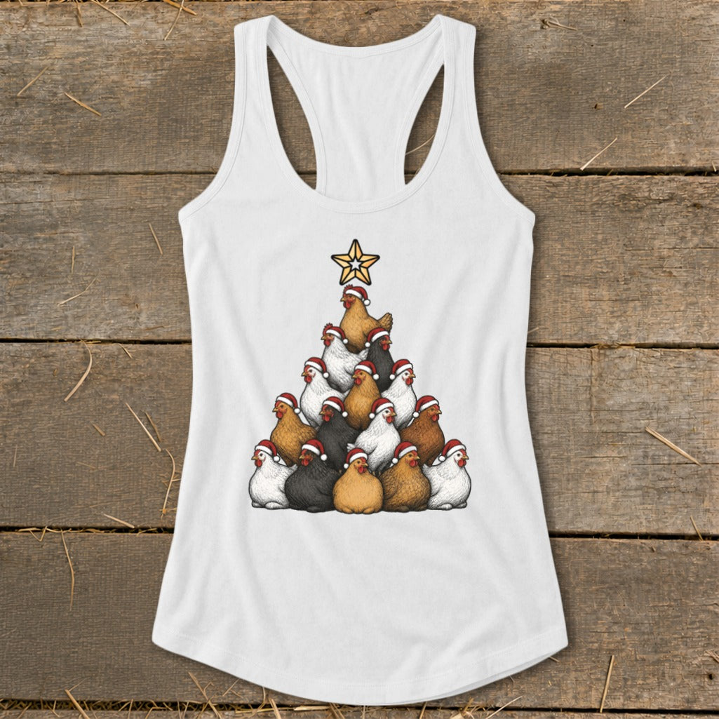 White tank top with chickens arranged in a Christmas tree shape wearing Santa hats.
