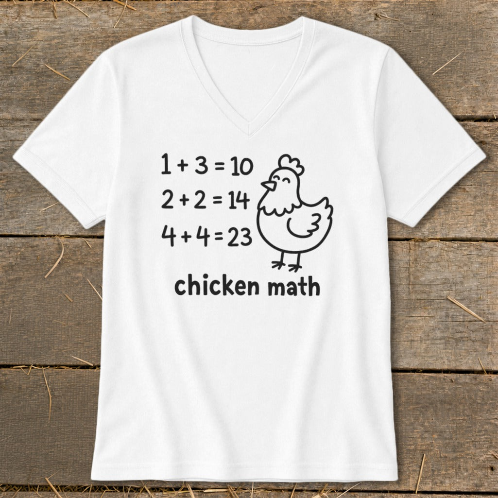 White t-shirt with "Chicken Math" text and a cartoon chicken.