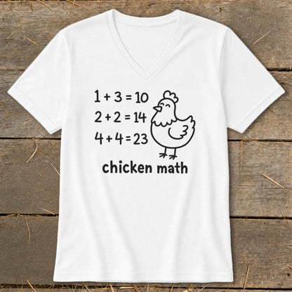 White t-shirt with "Chicken Math" text and a cartoon chicken.