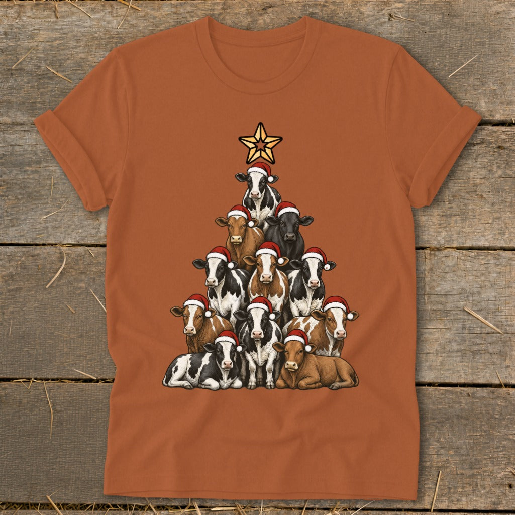 Christmas tree made of cows wearing Santa hats, topped with a star.