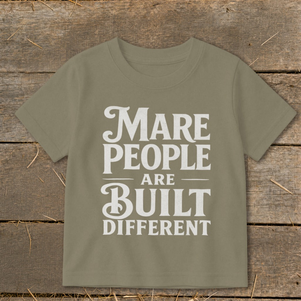 Olive green t-shirt with white text "Mare people are built different".