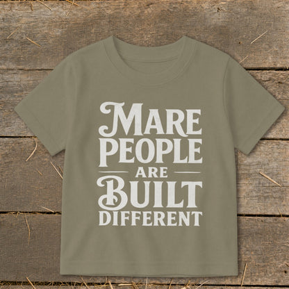 Olive green t-shirt with white text "Mare people are built different".