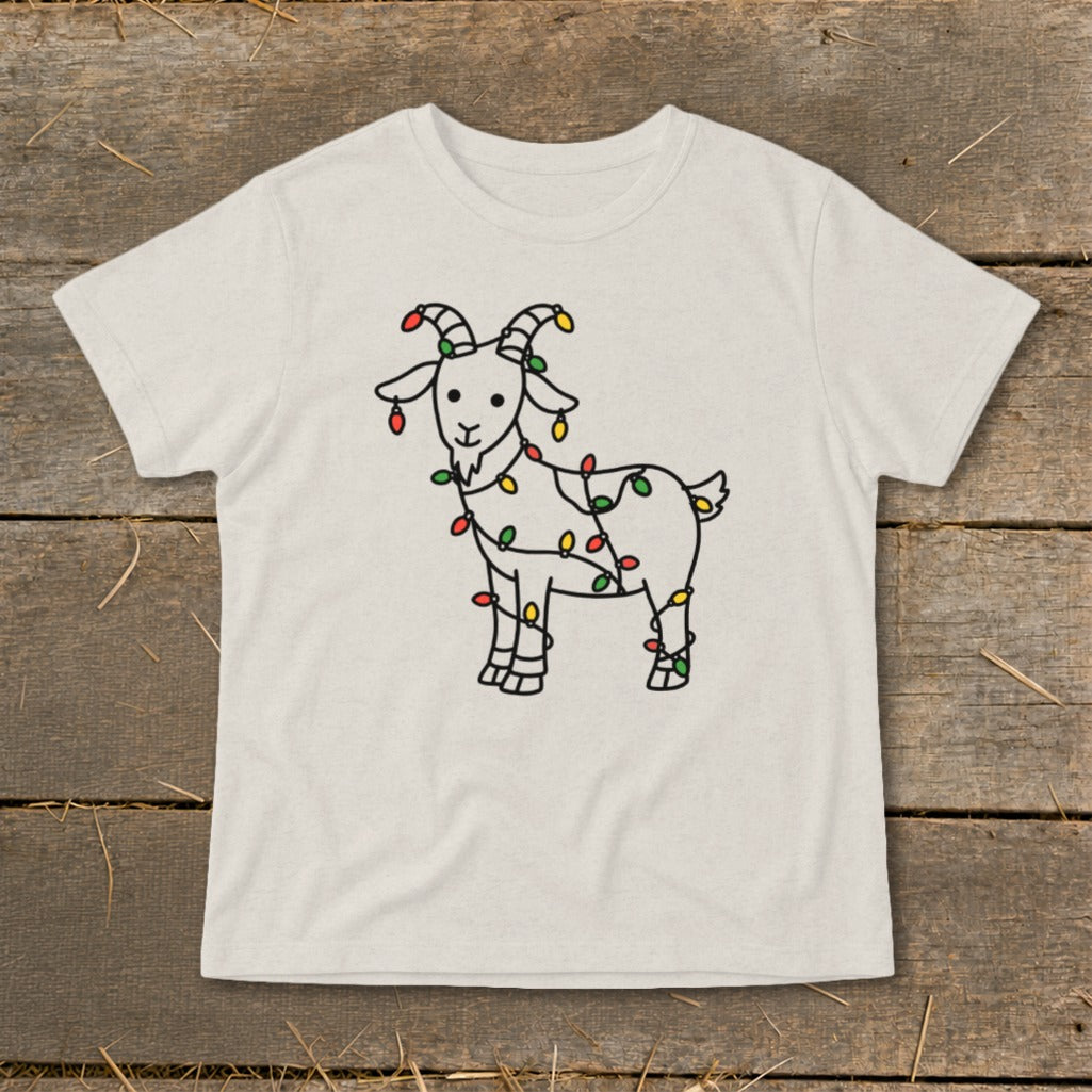 Line drawing of a goat wrapped in colorful Christmas lights on a light-colored t-shirt.
