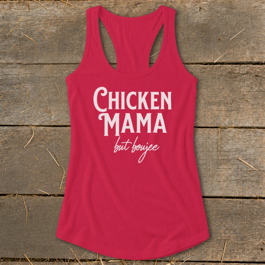 Red racerback tank top with white text "Chicken Mama but boujee".