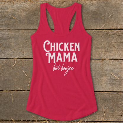 Red racerback tank top with white text "Chicken Mama but boujee".