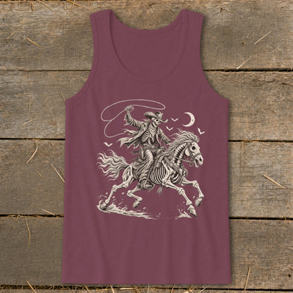 Skeleton cowboy on horseback with lasso under moon and birds.