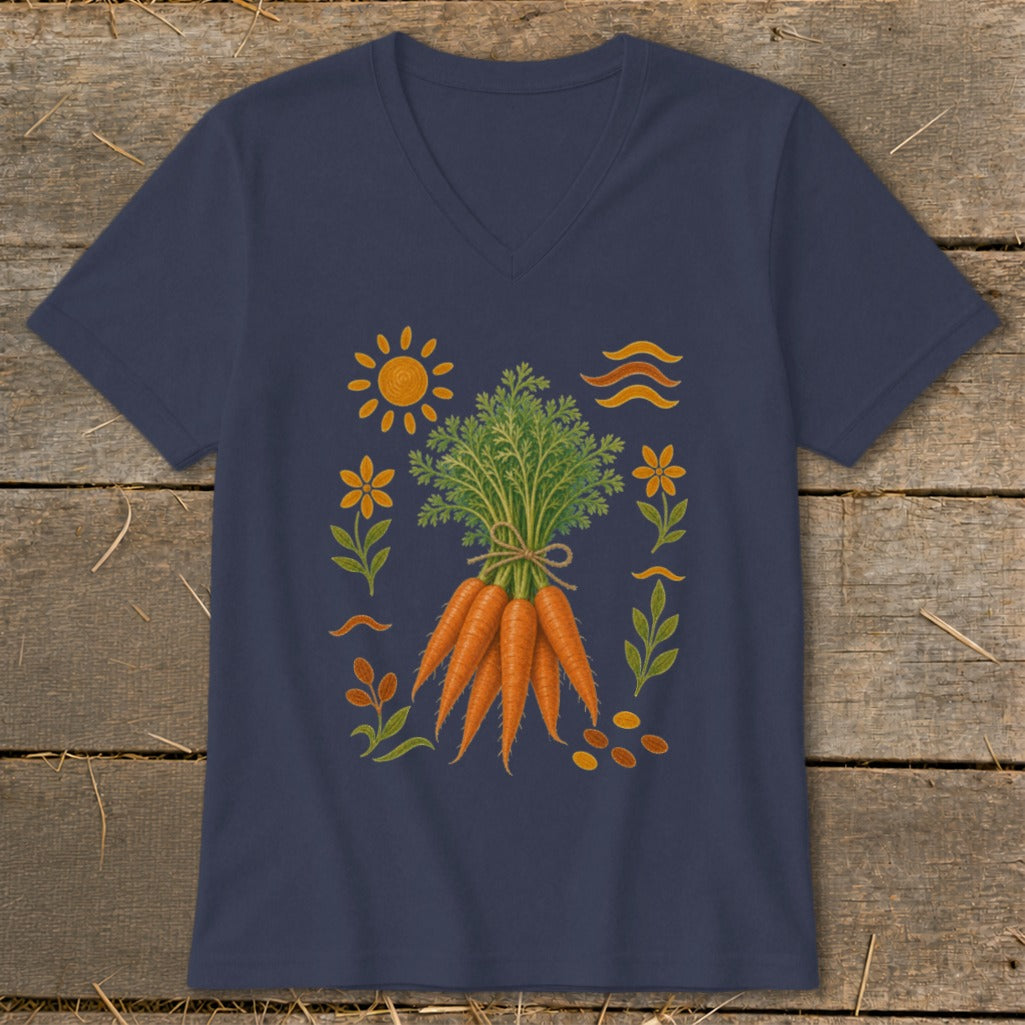 T-shirt with a bundle of carrots, sun, flowers, and wavy lines.