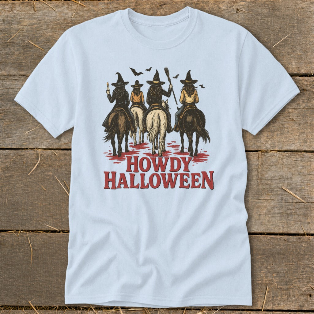 Four witches on horses with text that says "Howdy Halloween".