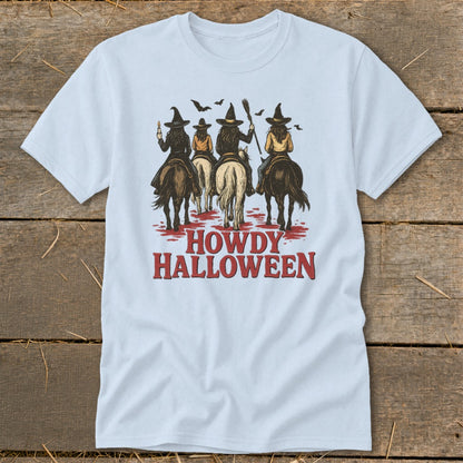 Four witches on horses with text that says "Howdy Halloween".