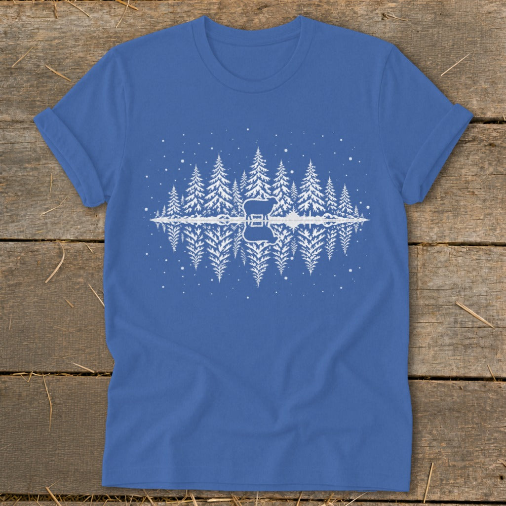 Blue t-shirt with white graphic of trees and a guitar silhouette reflected in water.