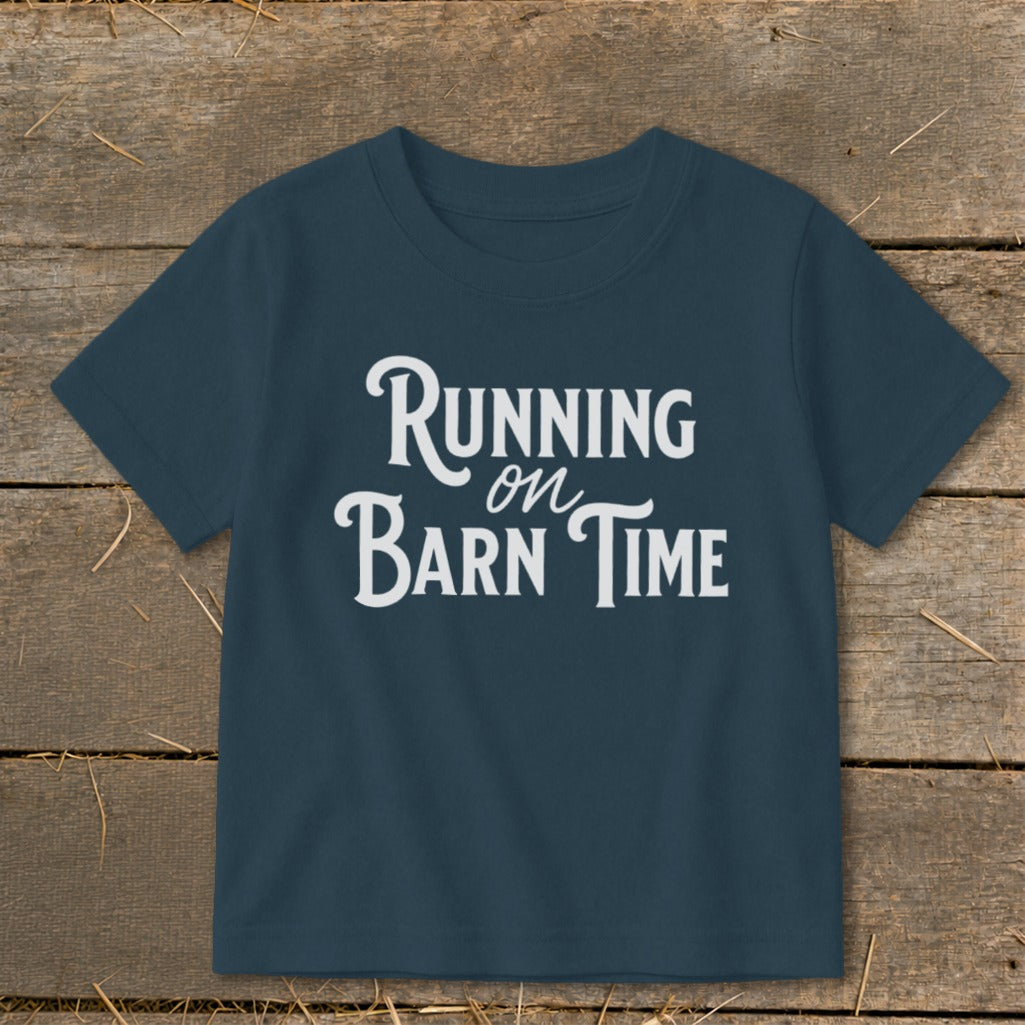 Navy t-shirt with white text reading "Running on Barn Time."