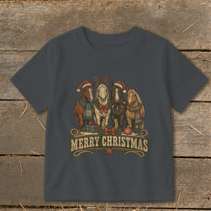 Four horses wearing Santa hats and scarves with "Merry Christmas" text.