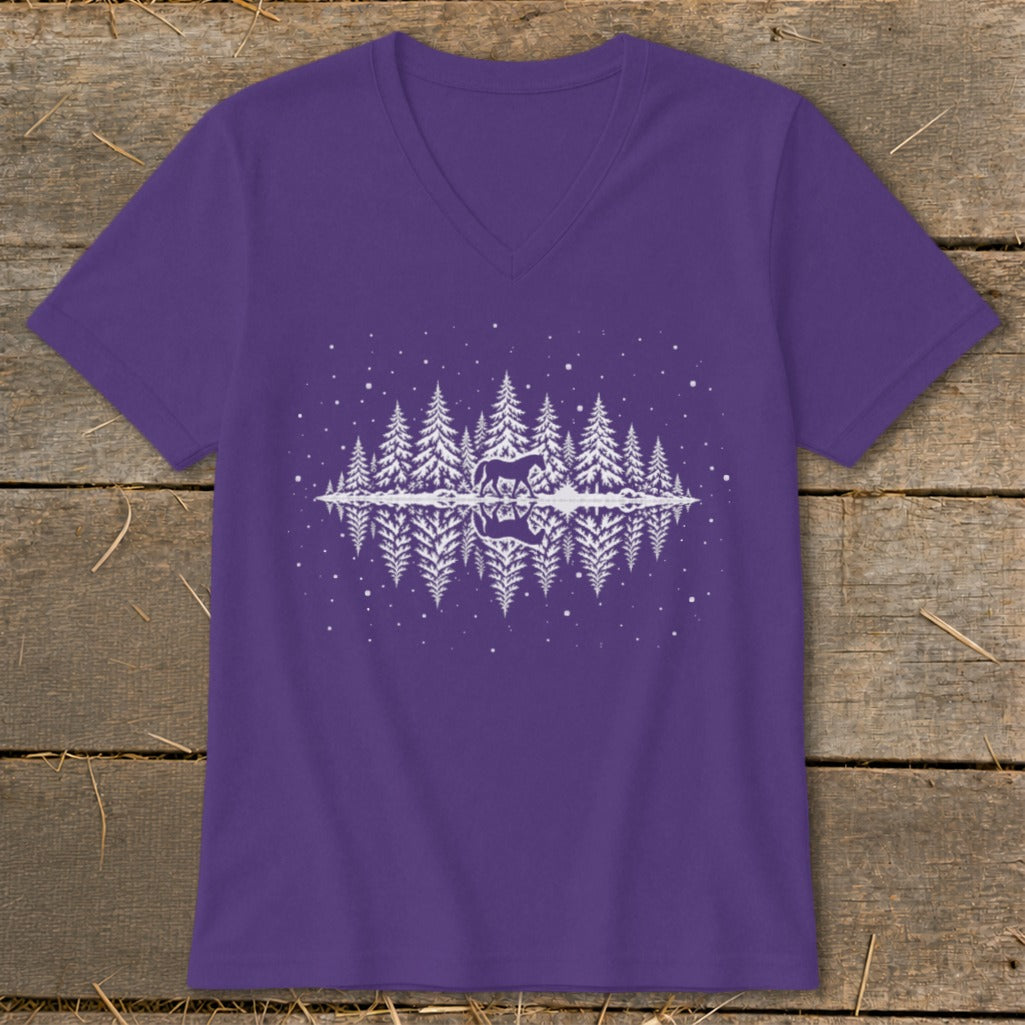 Purple v-neck t-shirt with white forest, horse silhouette, and reflection graphic.