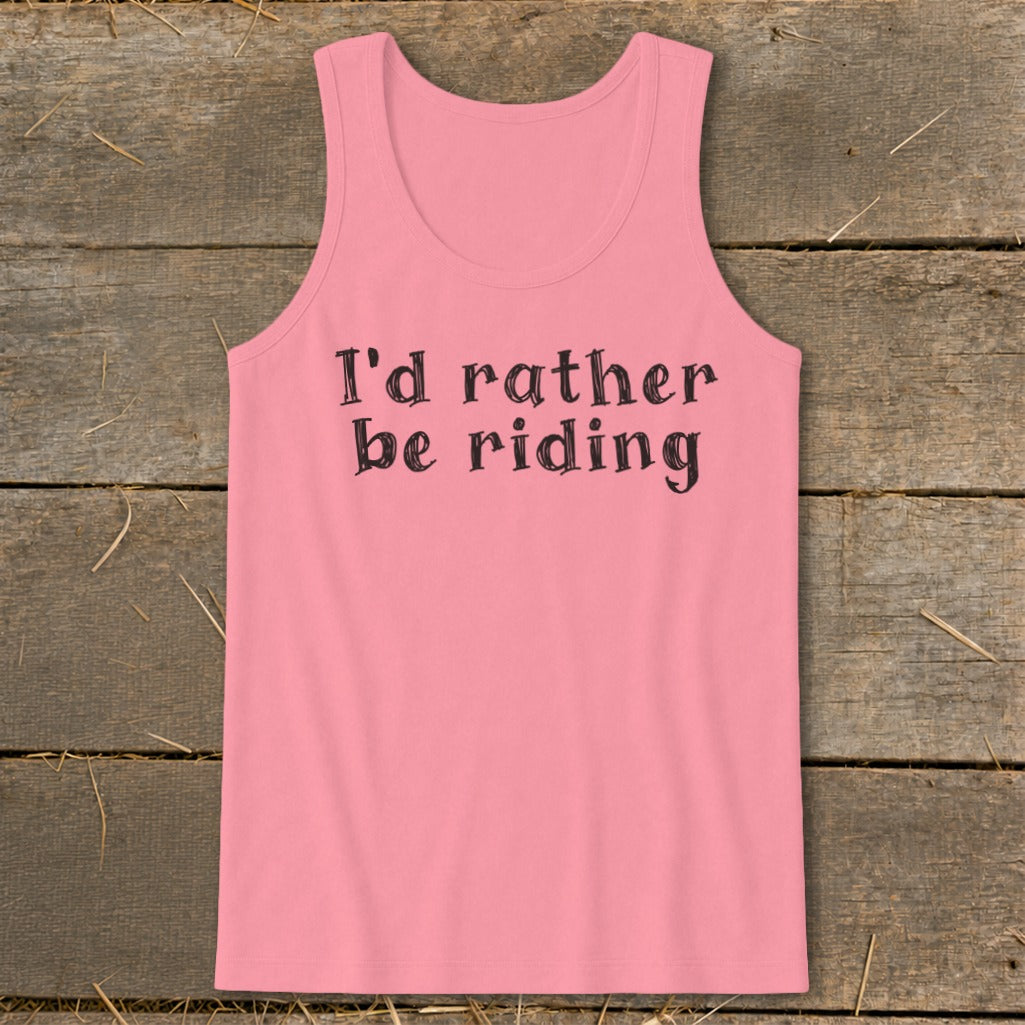 Pink tank top with black text "I'd rather be riding"