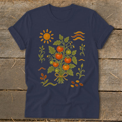 Navy t-shirt with a watercolor-style graphic of a tomato plant and sun.