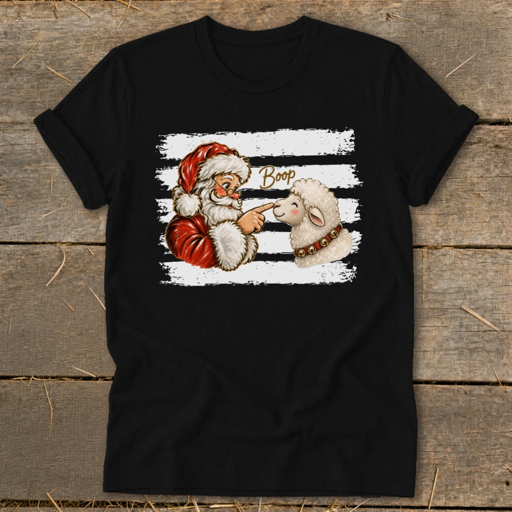 Santa booping a sheep on the nose, with the word "Boop" above.