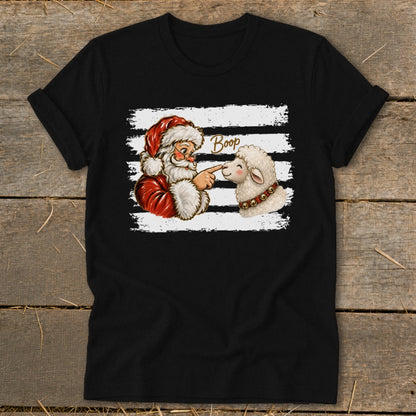 Santa booping a sheep on the nose, with the word "Boop" above.