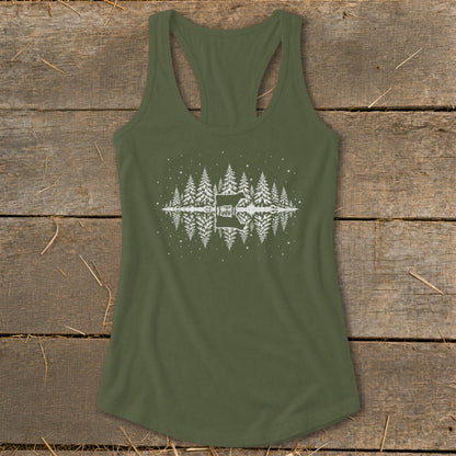 Green tank top with white pine trees and a reflection graphic.