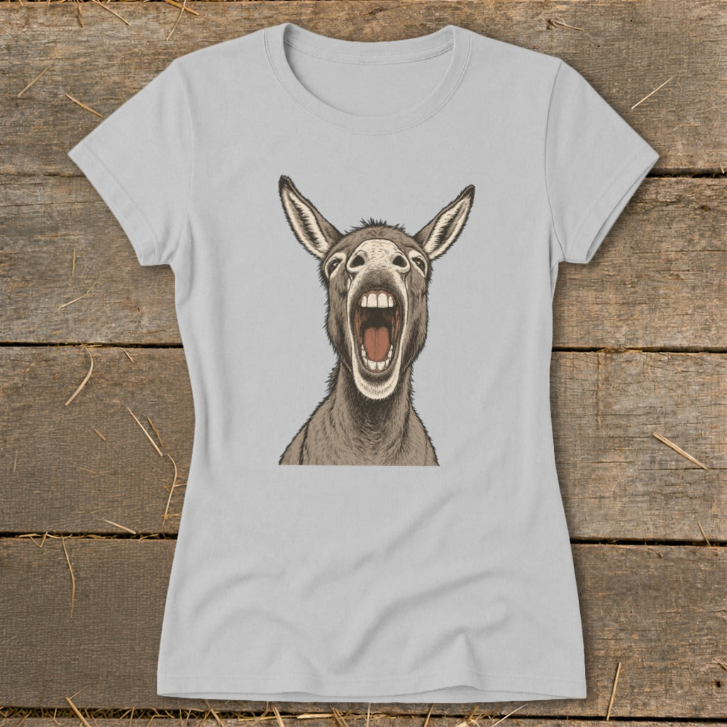 Light grey t-shirt with a drawing of a donkey with its mouth open wide.
