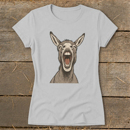 Light grey t-shirt with a drawing of a donkey with its mouth open wide.