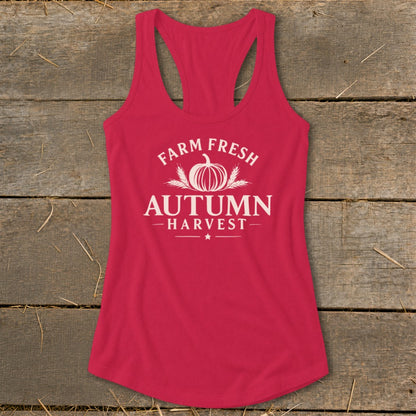 Red racerback tank top with "Farm Fresh Autumn Harvest" pumpkin graphic.