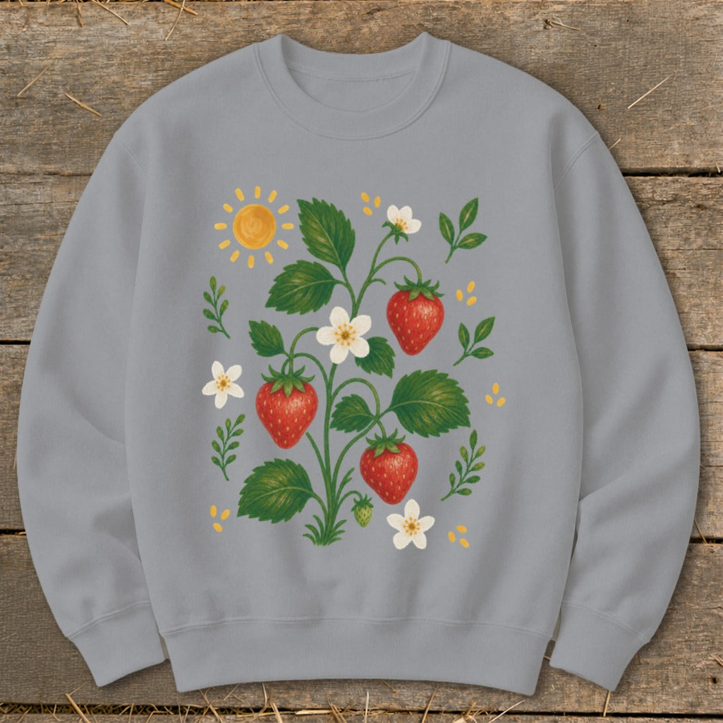 Gray sweatshirt with a painted strawberry plant, flowers, and sun graphic.