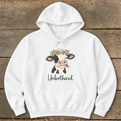 White hoodie with a cartoon cow wearing a flower crown and the text "Unbothered".