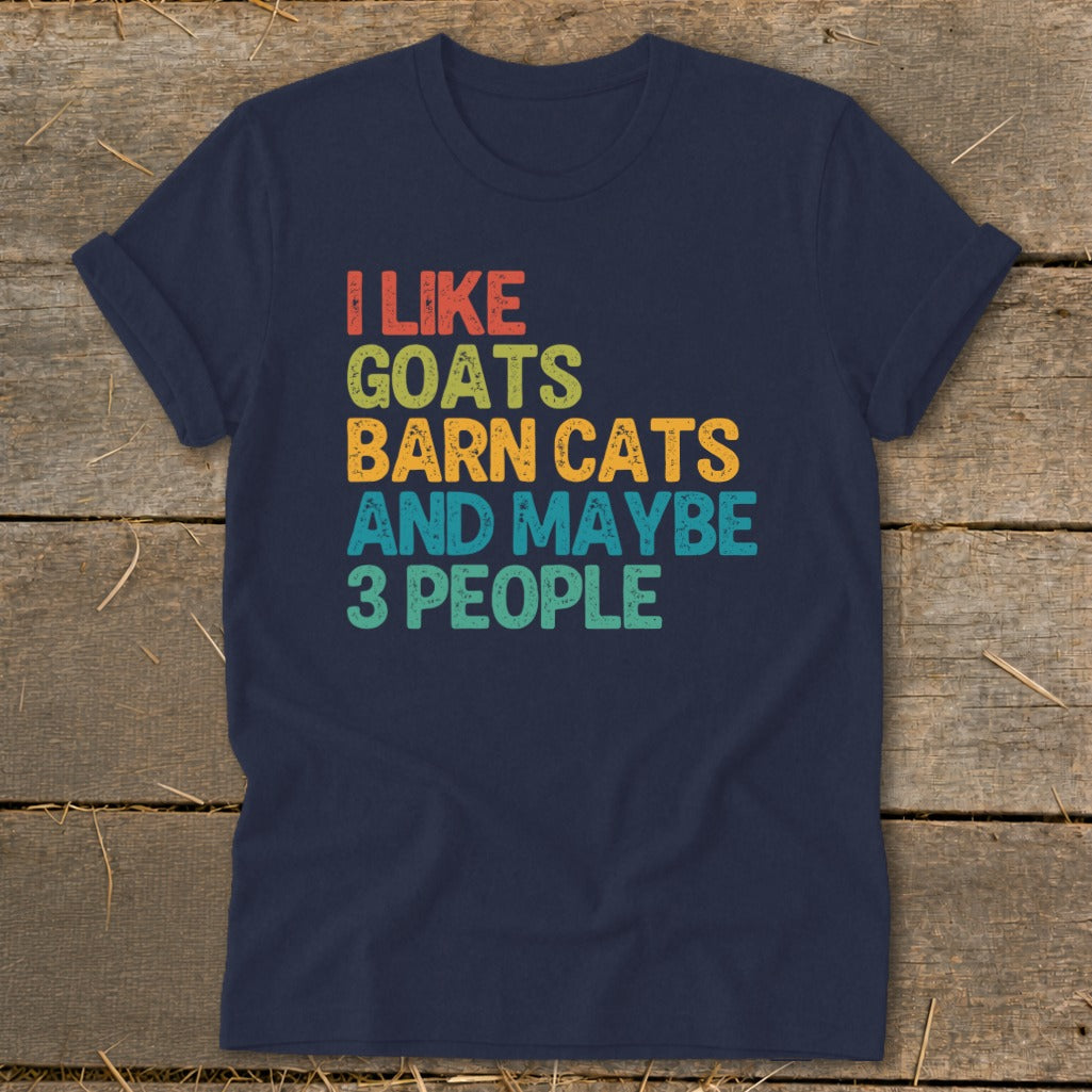 Navy t-shirt with retro text: "I LIKE GOATS BARN CATS AND MAYBE 3 PEOPLE"