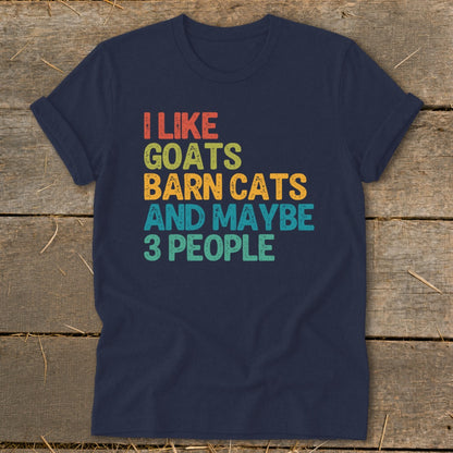 Navy t-shirt with retro text: "I LIKE GOATS BARN CATS AND MAYBE 3 PEOPLE"