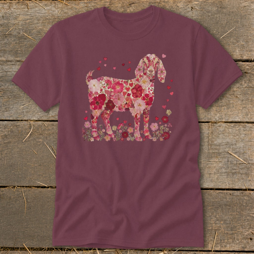 T-shirt with a goat silhouette made of pink and red flowers and hearts.