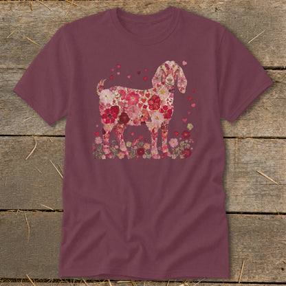 T-shirt with a goat silhouette made of pink and red flowers and hearts.