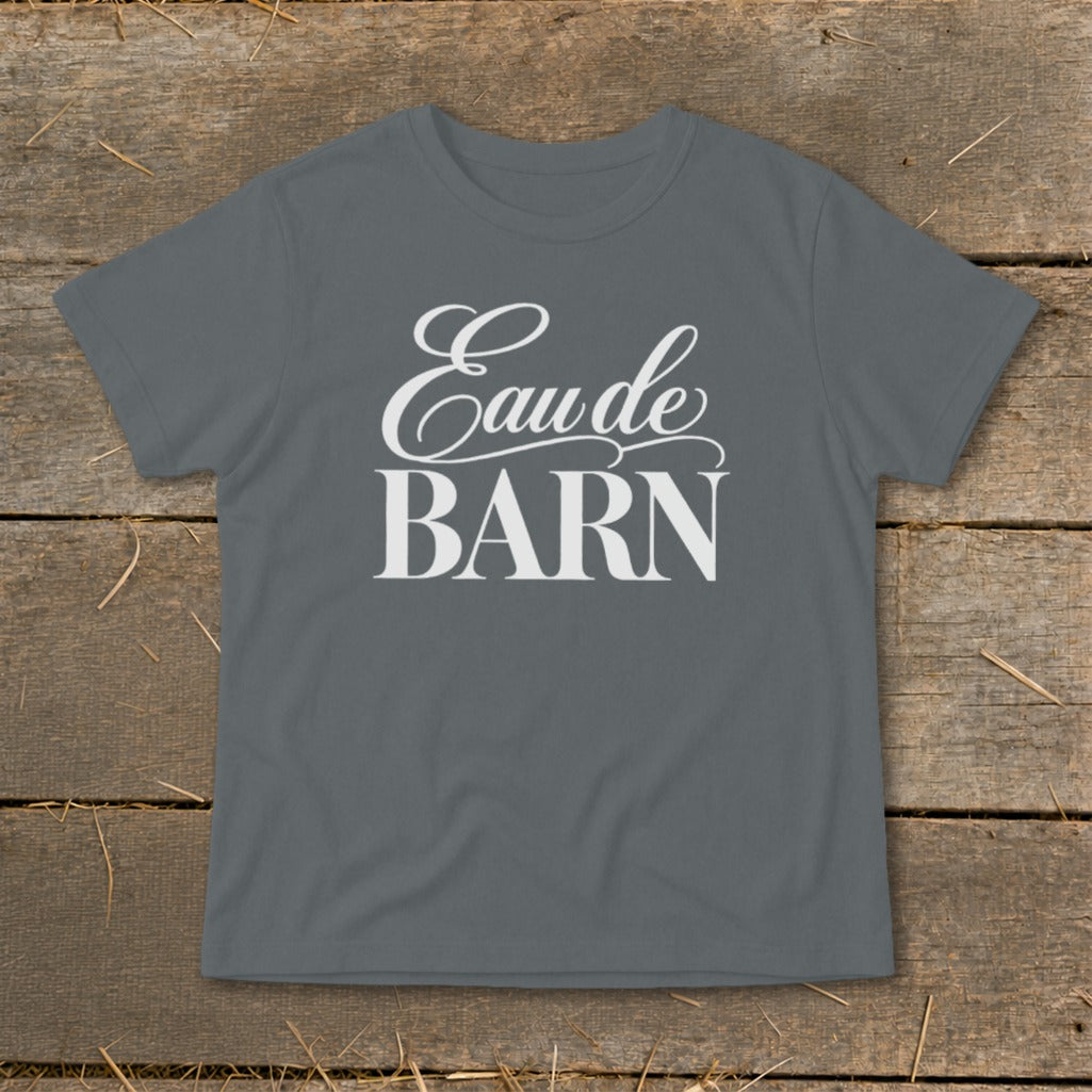 Grey t-shirt with white text "Eaude BARN"